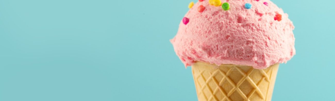 Ice,Cream,Cone,Close-up.,Pink,Icecream,Scoop,In,Waffle,Cone